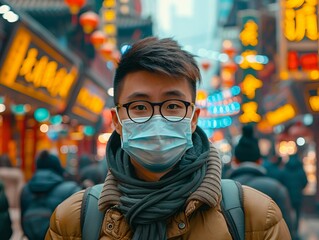 Portrait of a young Asian man wearing a mask in a crowded street market