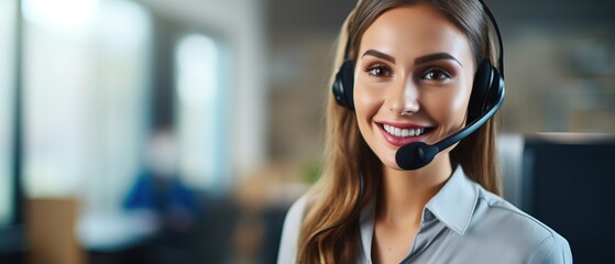 Realistic photo of customer service operator in call center office