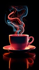 A cup of coffee with blue and red smoke rising from it.