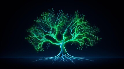 A digital painting of a tree with glowing blue roots and green leaves against a black background.