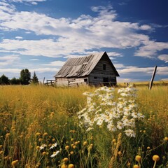 A weathered barn stands in a field of wildflowers, surrounded by a grove of trees