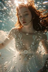 Obraz premium Portrait of a Woman in a White Dress with Red Hair Underwater