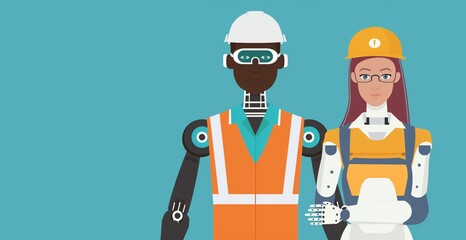 Man and woman robots or male and female workers with robotic arms and body parts,blue background