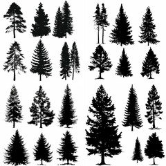 black tree silhouette set pure badge eco outline recreation breath emblem label protection graphic pine trunk woodland