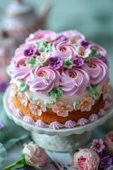 A cake decorated with pink and purple flowers