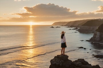 Young woman standing on a cliff in front of ocean or sea at sunset, waves