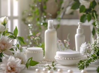 White cosmetic bottles and cream jars with pearls and flowers