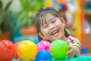 Young asian girl with down syndrome playing with colorful balls at playground