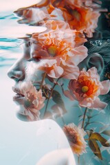 Dream underwater woman female face portrait with flowers, dual exposure