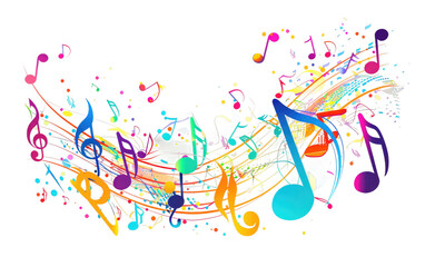 Vibrant Music Festival Emblem with Musical Notes isolated on Transparent background.