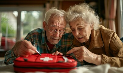 Two elderly people looking at a first aid kit