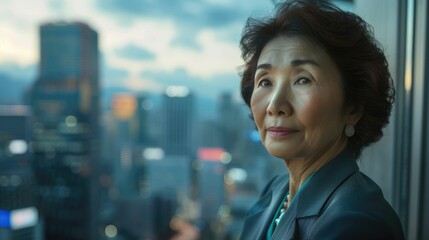 The picture of the senior asian female financial executive standing near the window of the office inside building, the financial job require skills like finance knowledge and planning budget. AIG43.
