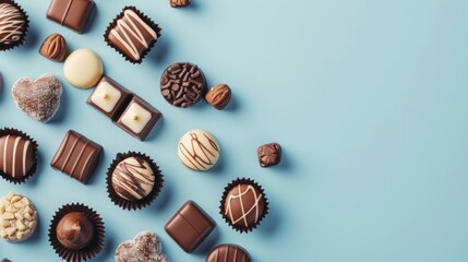 Different kinds of chocolates on colored table close-up. Top View and Flat Lay with copy space