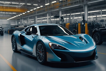 Obraz premium Futuristic sports car showcased in a modern automotive factory setting
