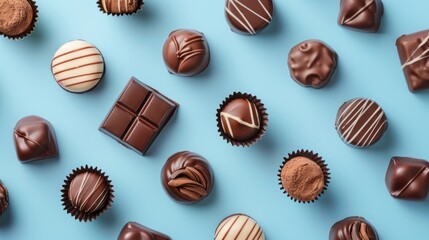 Different kinds of chocolates on colored table close-up. Top View and Flat Lay with copy space