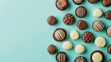 Different kinds of chocolates on colored table close-up. Top View and Flat Lay with copy space