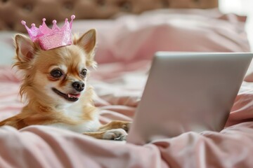 Angry chihuahua wearing pink crown on bed, pink blanket, working on notebook computer