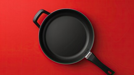 Empty black frying pan on red background. Top view.