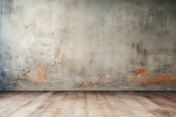 Old worn out concrete wall with wooden floor