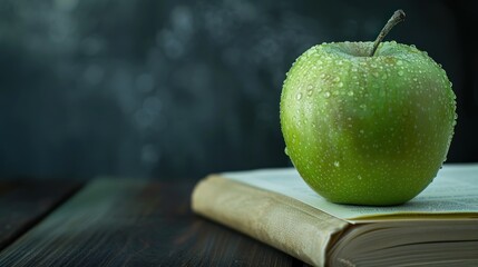 Closeup a fresh ripe green apple fruit on the textbook at wooden table. AI generated image