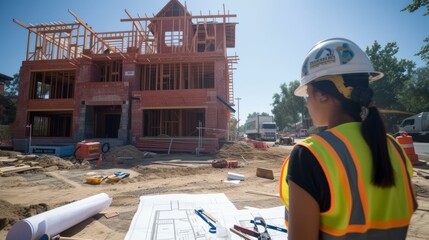 Asian woman wearing hardhat at construction site
