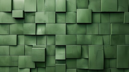 Abstract banner illustration of an army green 3D textured wall, composed of geometric squares and cubes, ideal for creating impactful textured wallpaper