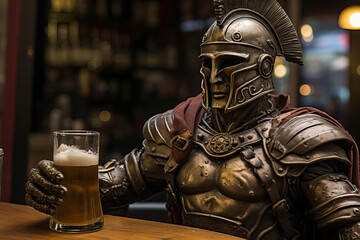 A Roman soldier sits at a bar, drinking a beer