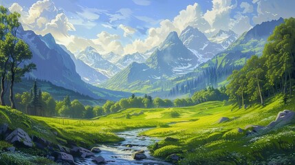 A beautifully rendered painting illustrating idyllic nature scenery: a verdant pasture, a flowing river, and majestic mountains