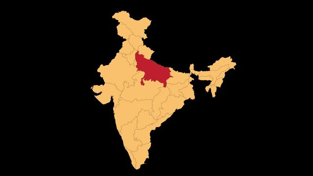 Uttarpradesh map animated video. Uttarpradesh 
location in India highlighted colour with transparent background in video format. Map animation video.