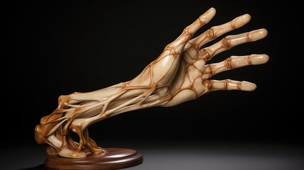 A wooden sculpture of a hand.