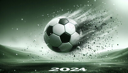 Schwarz-weißer, dynamischer Fußball mit Bewegungsunschärfe und dem Text "2024", copy space
