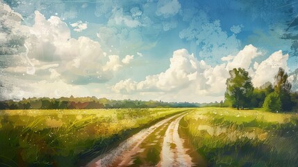 A picturesque, artful painting of a rural countryside landscape on a sunny day, complete with green grass, a country road