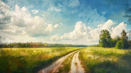 Obraz premium A picturesque, artful painting of a rural countryside landscape on a sunny day, complete with green grass, a country road