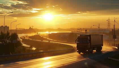 Truck on Highway at SunriseTruck on Highway at Sunrise