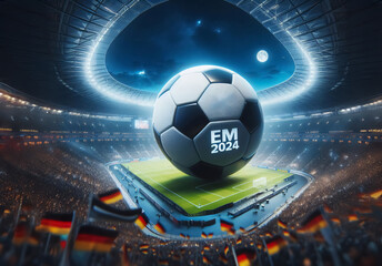 Großer Fußball in einem Stadion mit vielen Deutschen Fahnen und der Aufschrift EM 2024
