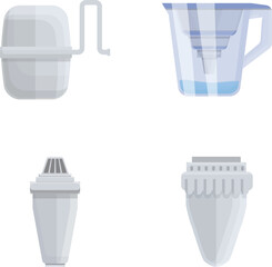 Aqua filter icons set cartoon vector. Water purification and filtration system. Clean water