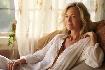 A beautiful blonde woman relaxing on a couch and looking out the window