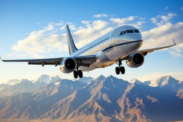 Obraz premium A silver airplane is flying over snow-capped mountains.