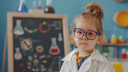 Portrait little child dressed science lab coat in classroom at school. AI generated image