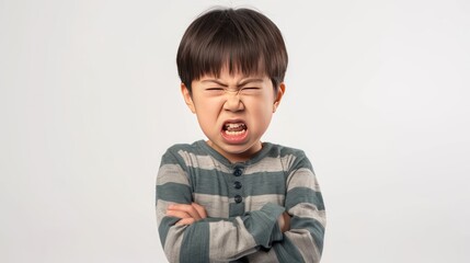 Portrait an angry little asian boy showing disagreement expression on white background. AI generated