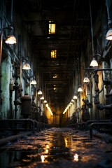 Grungy factory interior with pipes and lights