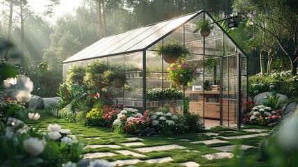 Enchanted Oasis: Sunlit Greenhouse Amidst Lush Garden