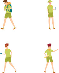 Summer rest icons set cartoon vector. Children outdoor scout summer activity. Leisure, hobby