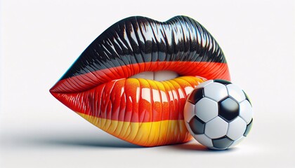 Lippen in Deutschlandfarben küssen einen Fußball