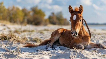 Beautiful red horse lies in the sand at sunny. AI generated image