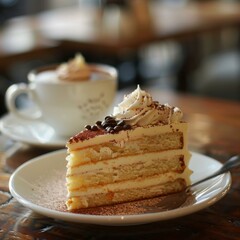 A delicious slice of cake on a white plate with a cup of coffee in the background