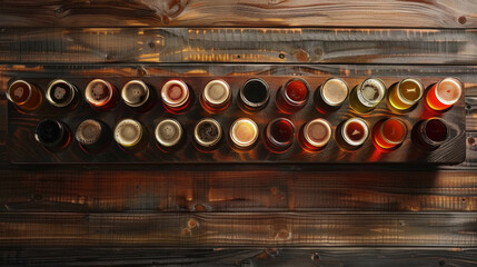 A row of glasses with different colored liquids in them. The glasses are lined up on a wooden table