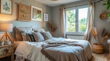 Obraz premium A cozy bedroom with a bed, pillows, and a blanket