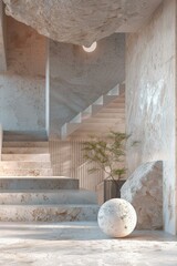 Staircase in a modern building with a large stone sphere in the foreground