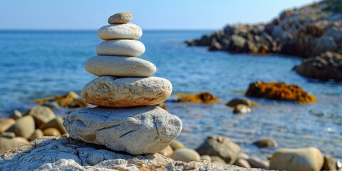 Stacking stones on a beach with the sea in the background
